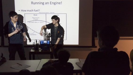 Spyros Korsanos and Steven Lee teach MELS students engineering concepts