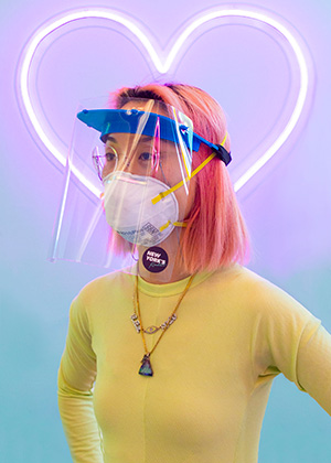 Lena Imamura wearing 3D-printed face shield.