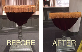 before and after shots of lectern skirt