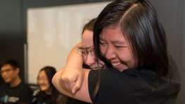 Keti Vaso and Sara Huang embrace after winning. Photos by Joao Enxuto / The Cooper Union