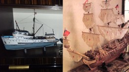 Models of a tuna clipper and the San Felipe, a Spanish tall ship, made by Carmelo Pizzuto in his spare time