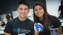 Giovanni Sanchez and Ruchi Patel show off their winning invention, SutureSelf