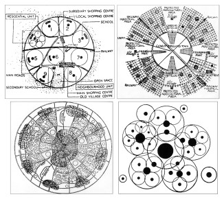 Clockwise from upper left—Ideal City Plan for “New Towns”; Patrick Abercrombie, undated | Ideal City Plan; Rading, 1924 | Ideal City Plan for Polycentric City; Patrick Abercrombie, 1948 | Ideal City Plan; Robert Harvey Whitten, 1923