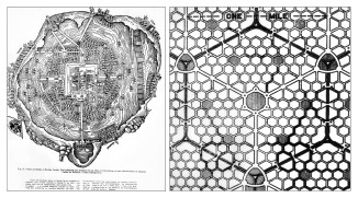 Left—Plan; Mexica-Tenochtitlán (Mexico City), Mexico; Attributed to Hernán Cortés, 1524 | Right—Ideal City Plan; Noulan Cauchon, 1940