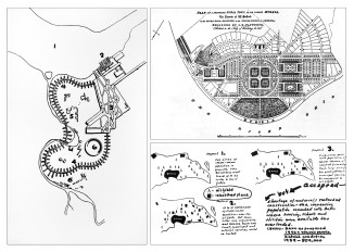 Left—Production Center for 75,000 Worker in an Isolated Area | Right, top—Ideal City—Rural Town Scheme; Hygeia, KY; John B. Papworth, 1827 | Right, bottom—Regional Plan—Three Proposals; Baku, Azerbaijan