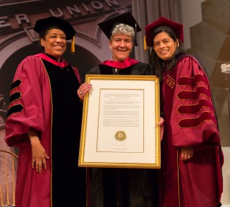 Marisa Lago Ph'77, received the Presidential Citation, flanked by Wanda Felton, member of the board, and President Sparks
