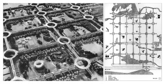 Left—Motopia, Grid Model Showing Continuous Landscape Beneath; Geoffrey A. Jellicoe et al., ca. 1960 | Right—Motopia, Grid Applied to Site; Geoffrey A. Jellicoe et al., ca. 1960