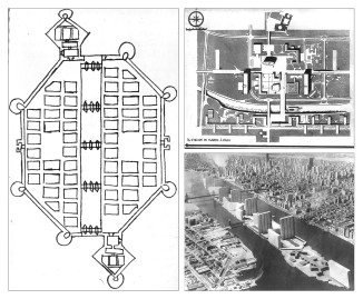 Left—Polygonal City Crossed by a River; Francesco di Giorgio Martini, ca. 1490 | Right, top—Civic Center Design; St. Dié, France; Le Corbusier, 1945 | Right, bottom—Welfare Island (Roosevelt Island) Redevelopment Project; New York, NY; Victor Gruen