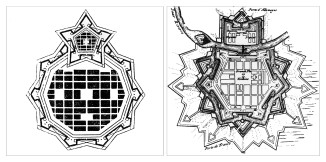 Left—Ideal City Plan; Pietro di Giacomo Cataneo (L’Architecttura, 2nd ed.), 1567 | Right—City Plan; Sarrlouis, Germany; Marquis de Vauban, 1670