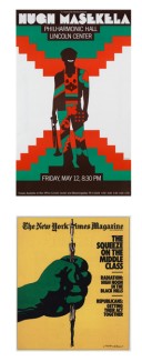 Concert poster for Hugh Masekela, at Philharmonic Hall, 1972. Illustration for The New York Times Magazine cover, The Squeeze on the Middle Class, 1980.