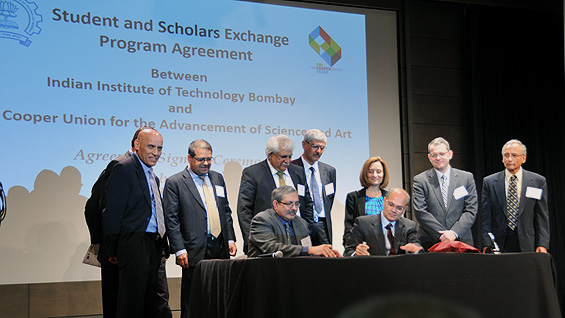 Prof. Devang Khakhar (seated, left) with Pres. Bharucha and others at the October 26 signing (photo: India Abroad/P. Rajendran)