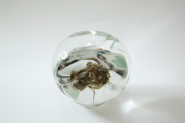 Bolide IV, melted whistle encased in glass, 8” diameter