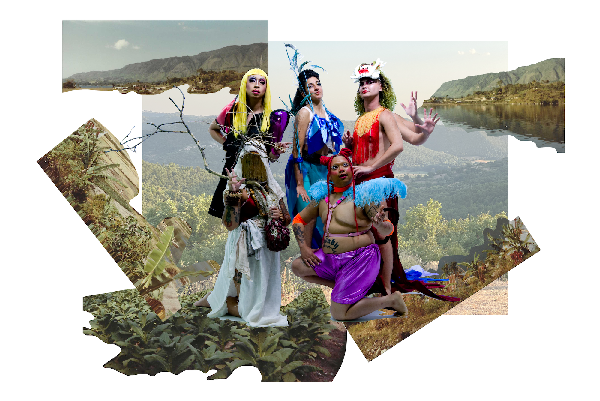 Five colorful deities pose against a collage of olive green landscape photos clipped and arranged to overlap. One deity with long yellow hair and bangs wears purple, pink and black dress and purple and pink makeup. To her right, a deity in blue with tall blue peacock feathers has blue eye make up and long hair pouffed above her forehead. Next to her, a deity with four raised arms wears red fringe, red lipstick, green curly hair, and a mask of a white spirit’s face with fangs and teeth. Kneeling in front of her is a deity with puffy blue feathers, a pink harness, shiny purple bloomers, red braids in buns, orange arm bands and colorful makeup. Next to them another deity in creme and taupe fabrics kneels, their face obscured by golden bead fringe and holds a branch with wooden beads.