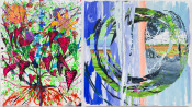 Left: Heidi Howard, "Collaborative Self", 2022, acrylic on canvas. Courtesy of the artist. Right: Esteban Cabeza de Baca, "8 Fold Way", 2023, acrylic on canvas. Courtesy of the artist and Garth Greenan Gallery.