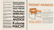 A chair illustration with text that says Thonet Mundus in yellow and other type specimens