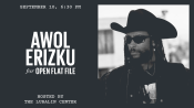 Picture of artist Awol Erizku on the right half of image. Awol is wearing sunglasses and a cowboy hat. The text on the left half of the image reads: "Awol Erizku for Open Flat File, hosted by the Lubalin Center". Text on top reads September 10, 6:30pm