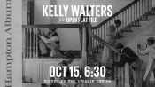 Event flyer with text that reads “Kelly Walters for Open Flat File. Oct 15, 6:30. Hosted by the Lubalin Center.” Text is overlaid on a vintage black-and-white photograph from The Hampton Album, of workmen constructing a staircase.