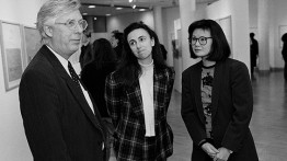 Diane Lewis, center, with Josef Kleihues and Toshiko Mori at the opening of The Cooper Union exhibition The Museum Projects, 1989