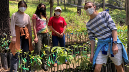 Image left to right: Seena Seon ChE'23, Joya Debi EE'23, Anna (employee at the Barbara Ford Peacebuilding Center in charge of the farm) and Brandon Bunt BSE'22.