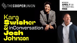 Portraits of Kara Swisher and Josh Johnson on black background with their names in yellow