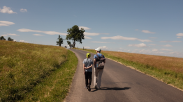 Image of a road and grasslands with two people walking