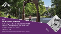 Image of art work in park with image of Thaddeus in right bottom corner