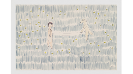 Drawing of a field with stars in blue and yellow with dog and person in center