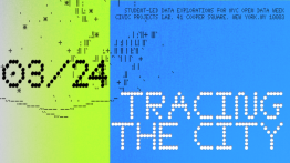 Rectangle in lime green on left with date 3/24 and blue square on right with show name Tracing the City