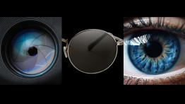An eye, a lens from a camera, and a lens for glasses in a tryptich