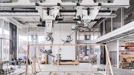 A Spatial Timber Assemblies module is fabricated by two cooperating industrial robotic arms in the Robotic Fabrication Laboratory of ETH Zurich, Switzerland, 2018. Photo by Roman Keller