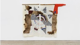 I Heart Rez Boys, 2019, textiles, elk hide, acrylic, graphite, pastels, wood, and bone, 82 x 108 inches