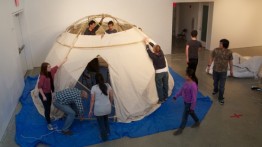Students construct a RAMESSES shelter in 41 Cooper Square with Prof. Cumberbatch