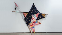 When I Go Missing, North Star, 2019, wool, satin, cotton, pine, rope, crystals, canvas, converse shoe, braiding hair, and deer raw hide, 81 x 96 inches