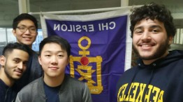 [Left to Right] Mohammed Hossain (CE'19), Jeahoung David Hong (CE'20), Ian Lee (CE'19), and Aaron Fink (CE'20) in front of Chi Epsilon Banner