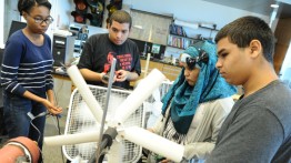 Sustainable and green energy students test prototypes to gather energy from wind.