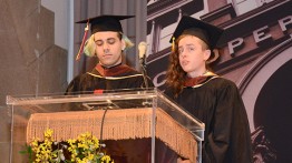 Hunter Mayton A'16 and Andy Overton A'16 deliver the student address. Photo by Island Photography/The Cooper Union