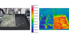 The test bed of a green roof and a control blacktop roof (l) along with a thermal image of the same