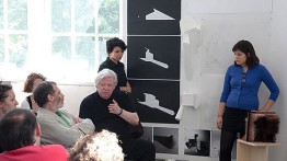 Lebbeus Woods (gesturing) at the Architectonics, Spring 2010 review
