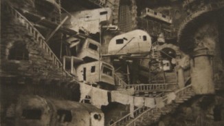 "Trailerpark", 2 color Photogravure on Somerset White, 10 x 10' on 16 x 15"