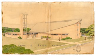 First Shiloh Baptist Church, 1954-55. Houston, TX. Drawing by John S. Chase, architect. Courtesy of the Architectural Archives, Houston Metropolitan Research Center, Houston Public Library.