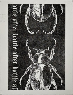 woodblock relief print of a Hercules beetle