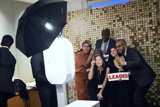 A group of friends in a photobooth