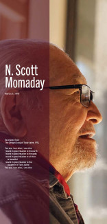 N. Scott Momaday image with a vertical line of purple with date and poetry excerpt in white 