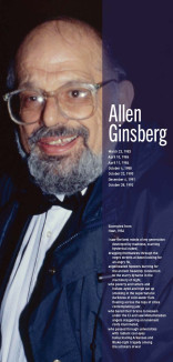 Allen Ginsberg image with a vertical line of purple with date and poetry excerpt in white 