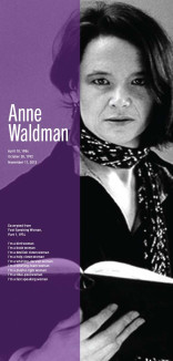 Anne Waldman image with a vertical line of purple with date and poetry excerpt in white 