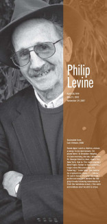 Philip Levine image with a vertical line of brown with date and poetry excerpt in white 