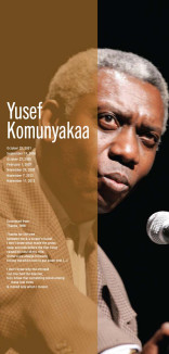 Yusef Komunyakaa image with a vertical line of brown with date and poetry excerpt in white 