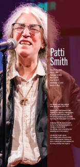 Patti Smith image with a vertical line of purple with date and poetry excerpt in white 