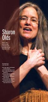 Sharon Olds image with a vertical line of brown with date and poetry excerpt in white 