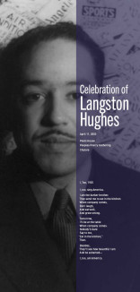 Langston Hughes image with a vertical line of purple with date and poetry excerpt in white 